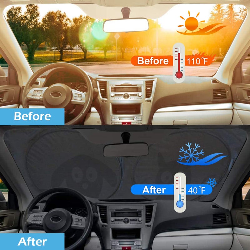 IC ICLOVER Car Windshield Sunshade with Pet Design, Cute Dog & Cat Cartoon Front Windshield Sun Shade Foldable Sunshade Blocks Heat UV Rays, Protect Interior Keep Cool, Fits Cars SUV Truck - Medium - Image 3